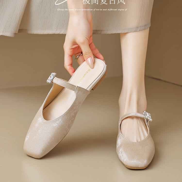 French satin rhinestone lazy one-pedal one-word bag head half slippers femininity square head versatile flat bottom slippers women