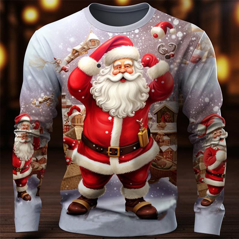 New Men's Long Sleeved Round Neck T-shirtr Autumn Winter Christmas 3D Digital Printed Christmas Tree T-shirt