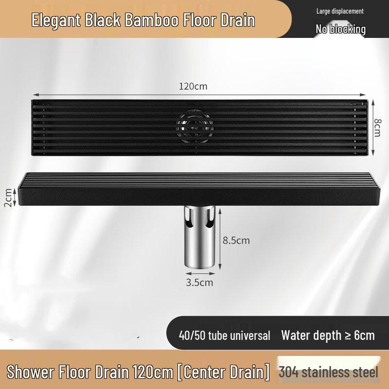 MDNG Black Long Floor Drain with Bamboo Grate