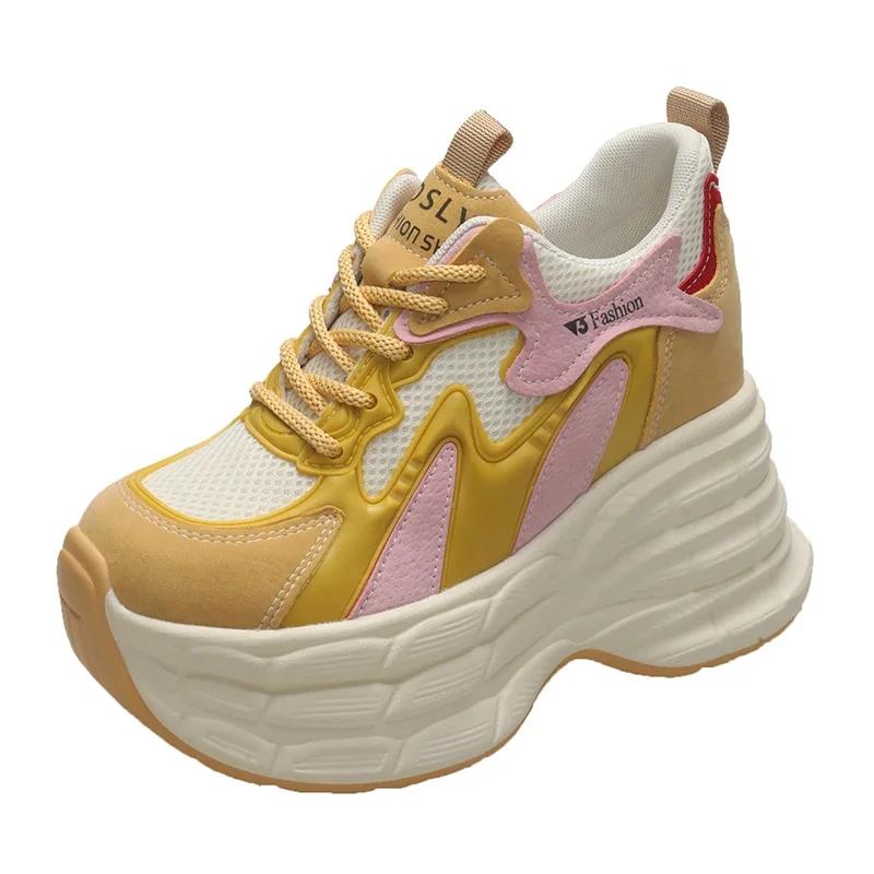 Fashion 11CM Women Casual Leather Sneakers Autumn High Platform Shoes Thick Soles Sports Dad Shoes Woman Chunky Sneakers Chaussure Femme