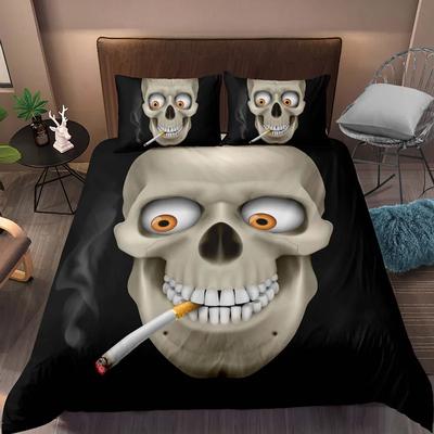 3D Skull Bedding Set King Queen Size Funny Skeleton Smoking Pattern Duvet Cover With Pillowcase Halloween Black Comforter Cover
