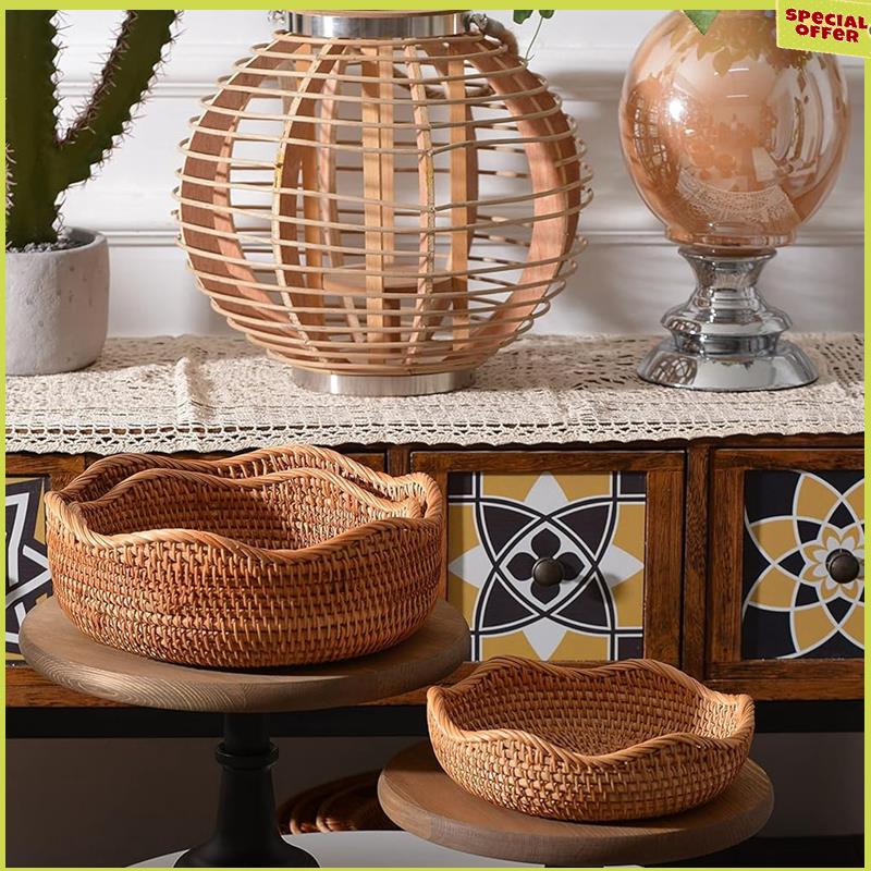 

A34R Rattan Bread Baskets Round Woven Fruit Bowls Key Holders Stackable For Storage, Snack, Fruit, Vegetable Natural Set Of 3 NONE