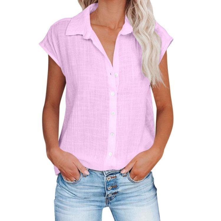 Women Casual Short Sleeve Shirt Summer Solid Color Lapel Top Single Breasted Blouse