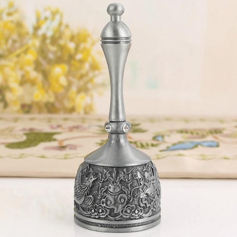 Hand Call Dinner Bell,Engraving Inlaid Gem Multi-Purpose Bells Craft Hand-Cranked Bell Alarm School Church Hotel Vintage Bell