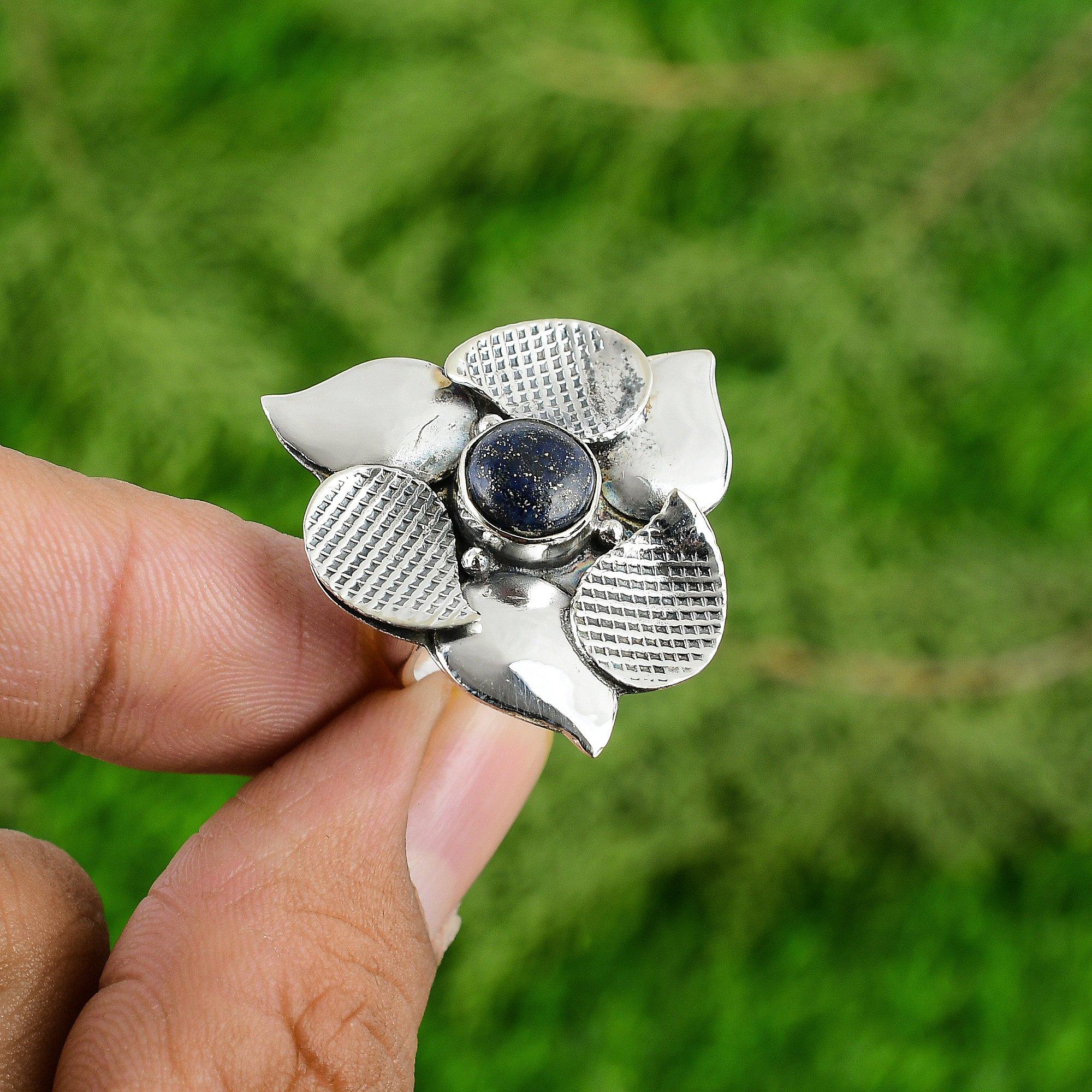 

Lapis Lazuli Gemstone Flower Engagement Solitaire Ring Jewelry Sterling Silver Adjustable