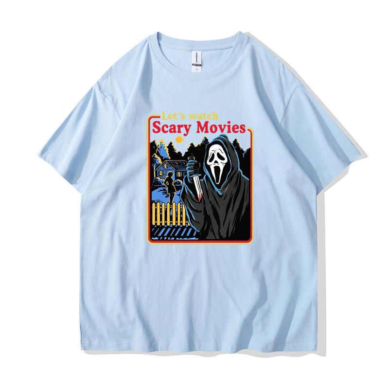 Vintage Lets Watch Scary Movies Screams Horror T-Shirt Men Crewneck 100% Cotton T Shirts Short Sleeve Tee Shirt Classic Clothes