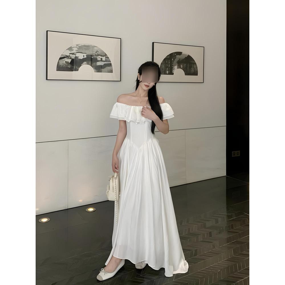 

Белое платье женское летнее темпераментное новое длинное с завышенной талией квадратный вырез с оборкой на плече с рукавами-крылышками А-силуэта M- (recommended 90-50kg)