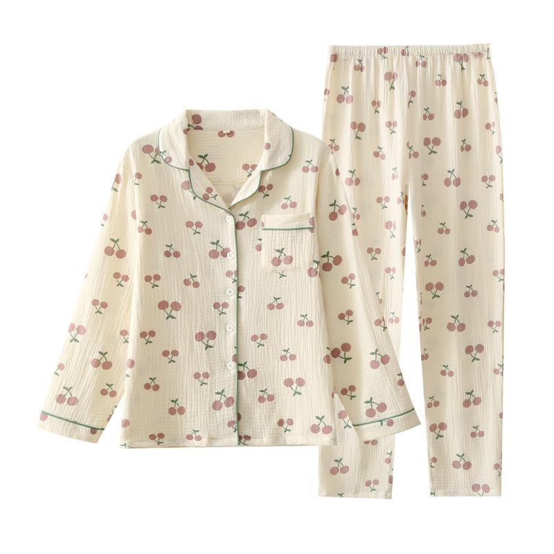 Pajamas women's autumn pure cotton long-sleeved trousers cardigan lapel cotton loose comfortable breathable loungewear set