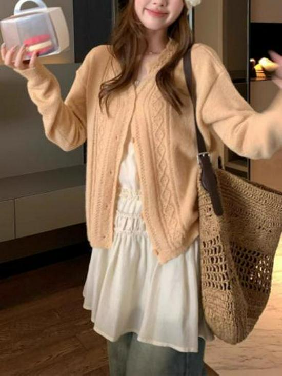2026 Asymmetrical Lace Collar Button-Down Knit Cardigan - Women's Early Spring Hollow Crochet Sweater