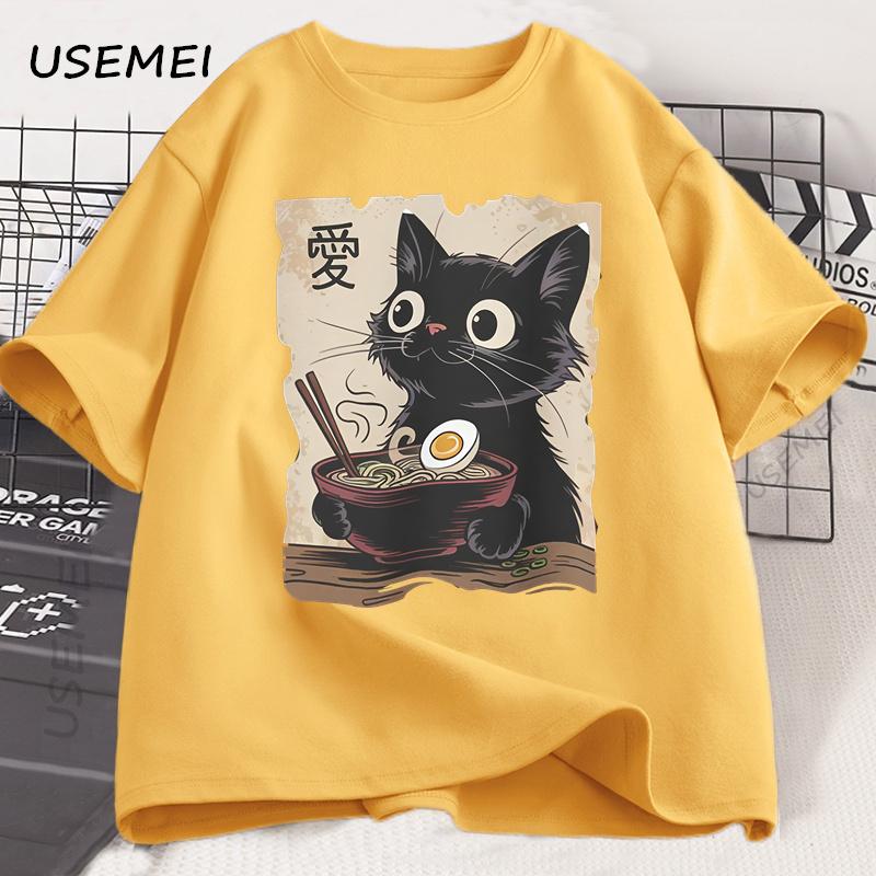 Funny Cat Ramen T-shirt Graphic Tee Japanese Kawaii Anime Cat Graphic T Shirts Men Women Casual Short Sleeve Cotton Tee Shirt