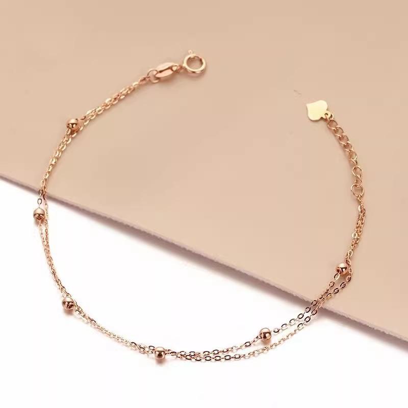 Pure 585 Purple Gold Smooth Round Bead Double-Layer Bracelet Rose Gold-Plated Color Gold Bead Bracelet (17+3cm adjustment chain)