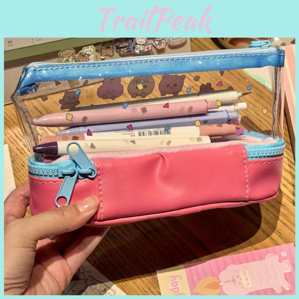 Simple Dual Layer Transparent Pencil Case With Large Capacity For Students And Office Supplies
