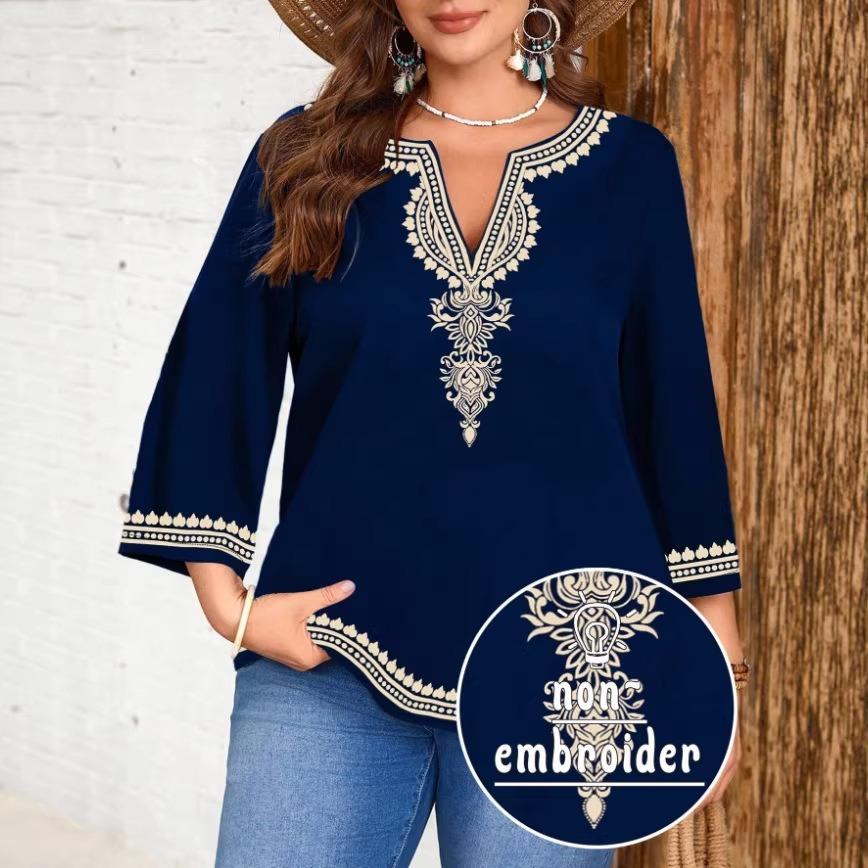 Women s V Neck Three Quarter Sleeve Printed Blouse Plus Size Casual Tunic Tops 1XL темно-синий