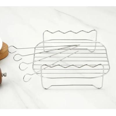 Edelstahl Heißluftfritteuse Grill Dampfgarer 2-stöckiges Gestell mit 4 Spießen Multifunktions-BBQ-Kochzubehör für Zuhause Outdoor