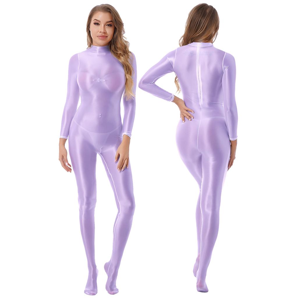 Womens Mock Neck Zipper Back Bodystocking Glossy Full Body Long Sleeve Sportswear Nightwear