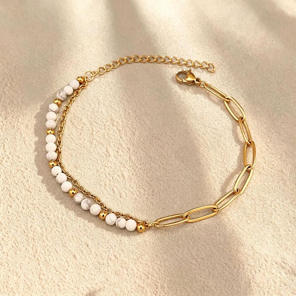 European and American natural stone beaded splicing paper clip double-layer bracelet stainless steel rice bead stacked bracelet ins wind niche