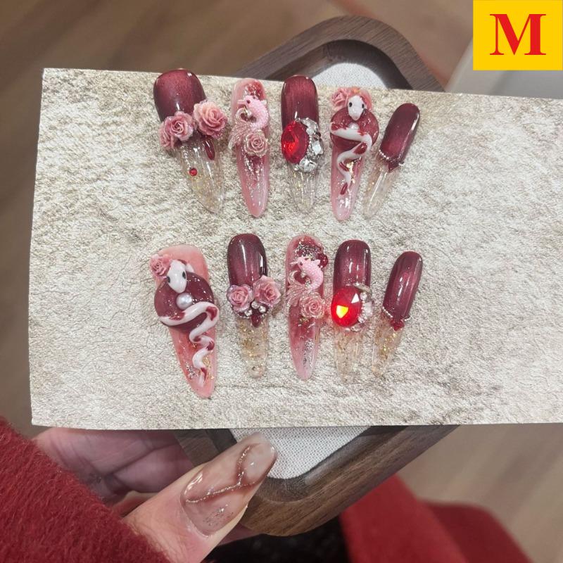 10Pcs Handmade Stiletto Nails Full Cover Lucky Snake Rhinestone Rose Wearable Artificial Almond Acrylic Manicure for Women&Girls