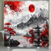 1pc Red Japanese-Inspired Cherry Blossom & Mountain Landscape Shower Curtain - Durable Polyester Fabric, Machine Washable with
