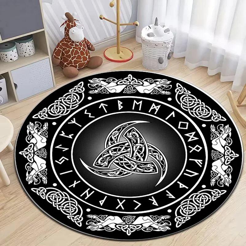 Viking Inspired Round Rug with Norse Symbols and Celtic Patterns Floor Mat for Nordic Decor Adding Mystic Ancient Charm