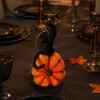 Black Cat Sculpture with Pumpkin Halloween Ornament, Vintage Wood Carving Style Decorative Resin Crafts for Entrance Figurine, Spooky Tabletop