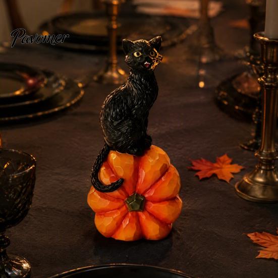 Black Cat Sculpture with Pumpkin Halloween Ornament, Vintage Wood Carving Style Decorative Resin Crafts for Entrance Figurine, Spooky Tabletop