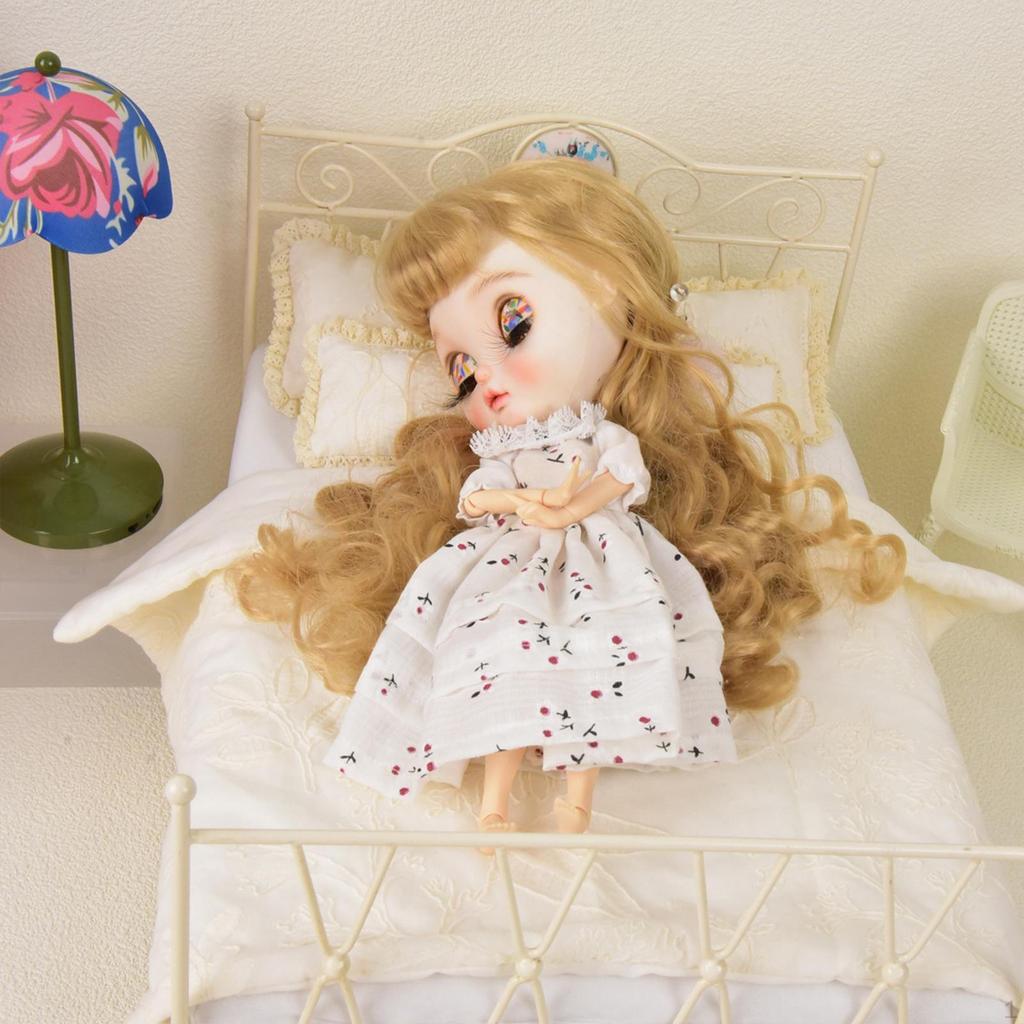 1:6 Iron Bed with Mattress Twin Pretend Play Miniature Furniture Room Mini Retro for Gift