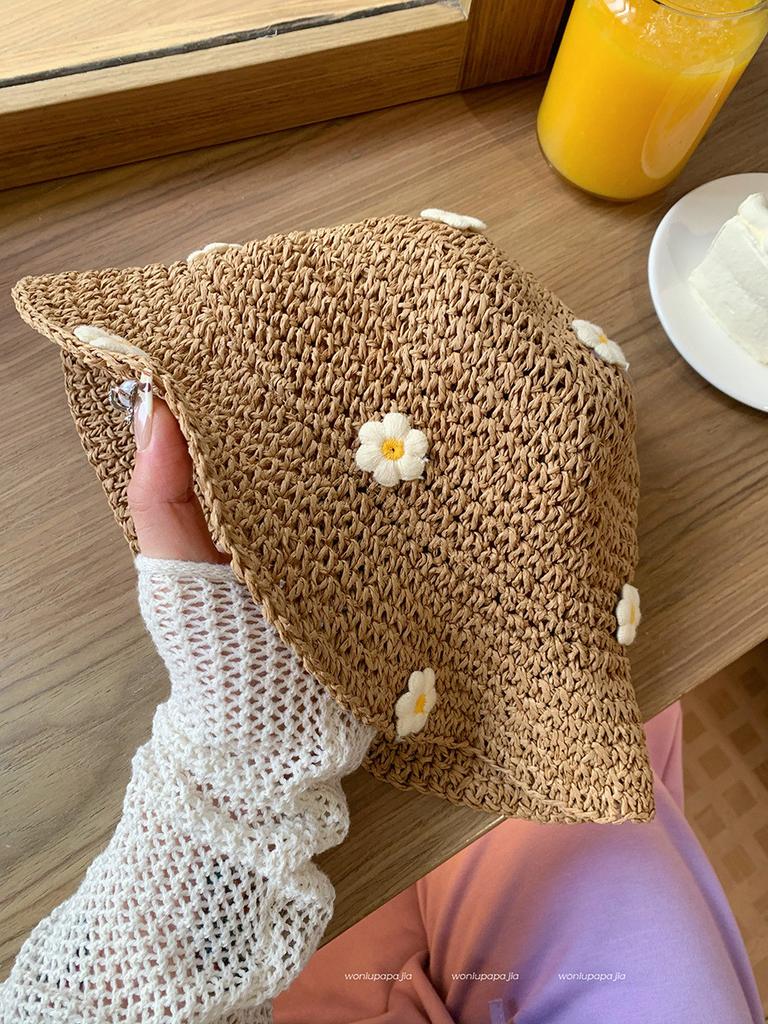 Stylish Blue Floral Straw Fisherman Hat For Women With Wide Brim Breathable Design Ideal For Sun Protection