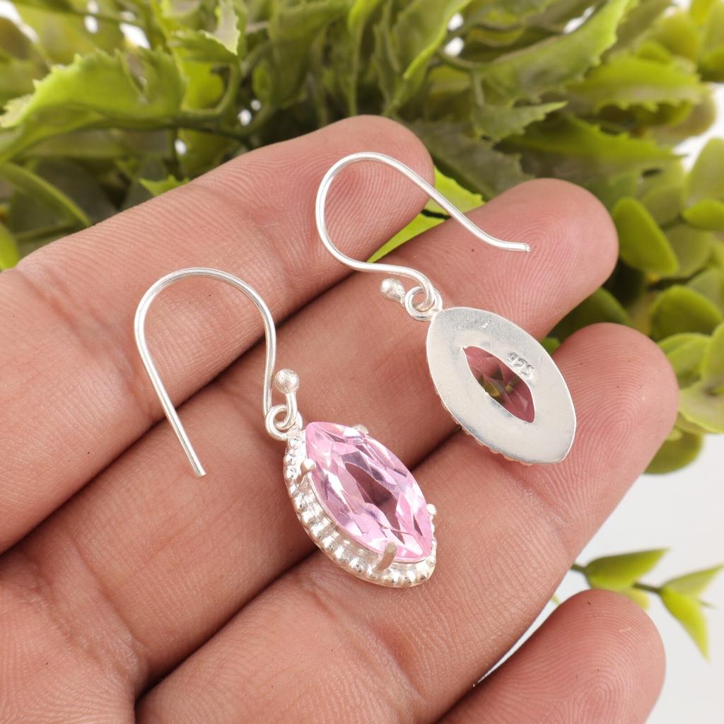 Natural Morganite Gemstone 925 Sterling Silver Jewelry Handmade Earrings 1.4" EE-169-2