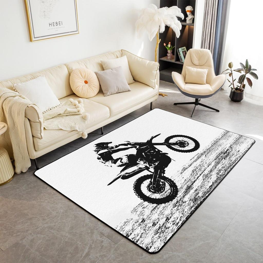 Teen Dirt Bike Area Rug for Living Room Motocross Rider Floor Mat Motorbike Extreme Sport Carpet Snow Mountain Landscape Doormat