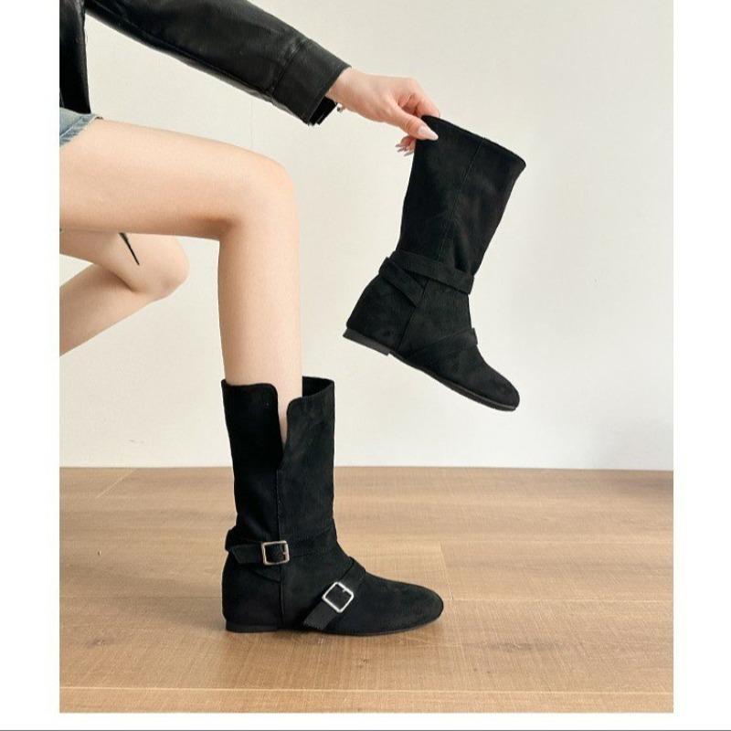 Fashion New Women's Vintage Suede Women Trouser Legs Boots Fashion Belt Buckle Slip On Shoes Autumn Winter Wedges Heel Ladies Long Boots