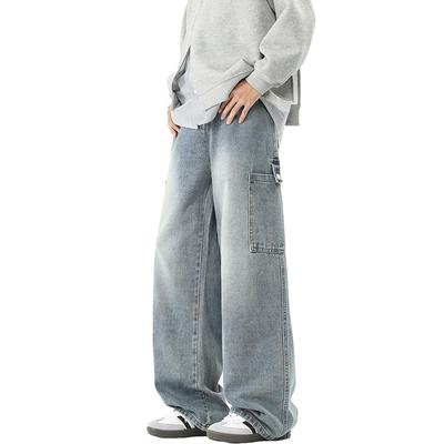 Denim Cargo Straight Loose Sizes [DOUBLE ART] Men's Wide-Leg Jeans, Pants, Baggy, Fit, Stylish, Cool, Casual, Button-Down, Fit, Spring, Summer,