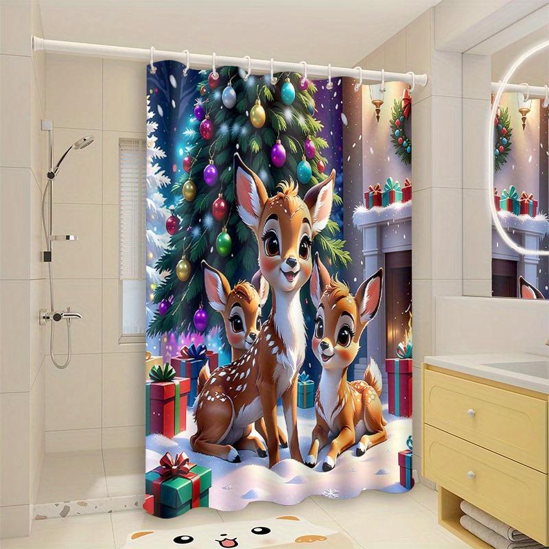Christmas Deer Family Print Shower Curtain - Winter Scene With Deer, Presents & Tree - Machine Washable Polyester Bathroom W60H190(CM)-1 Pcs