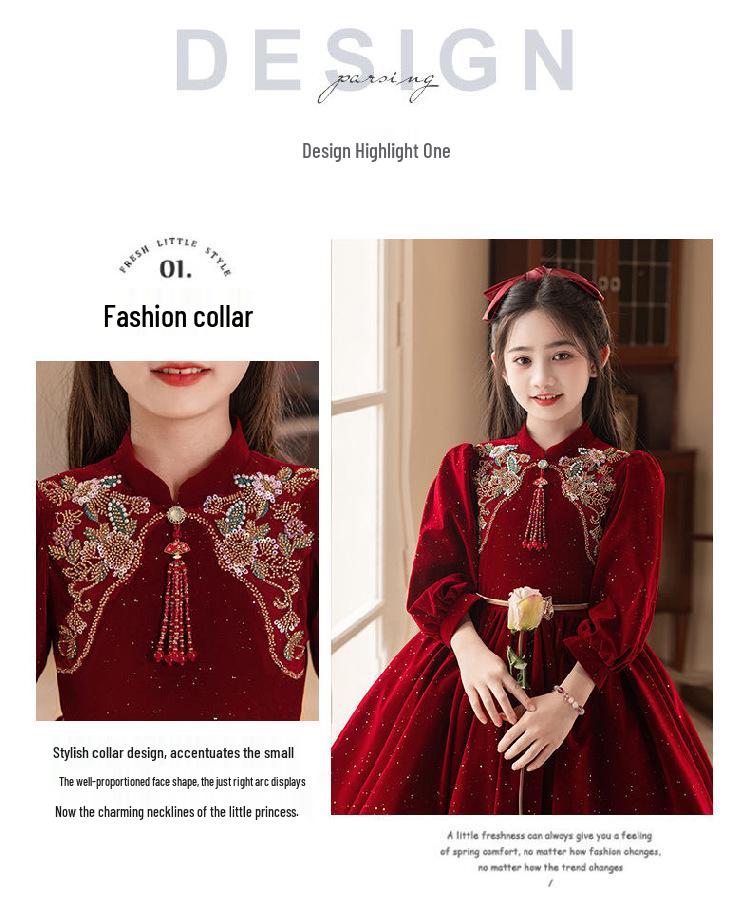 Korean Silver Fox Velvet 410g Girls' Formal Princess Dress - Autumn/Winter New Year's Gown
