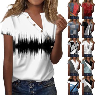 Women's T Shirt Tee Print Button Short Sleeve Daily Weekend Fashion  V- Neck Regular Top
