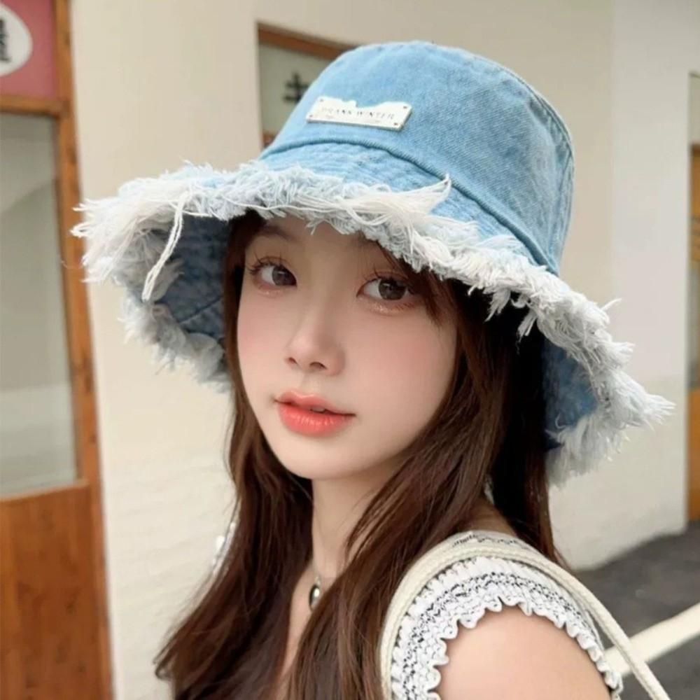 Raw Edge Bucket Hat Denim Blue Sun Protection Hat New Washed Denim Hat Spring Season