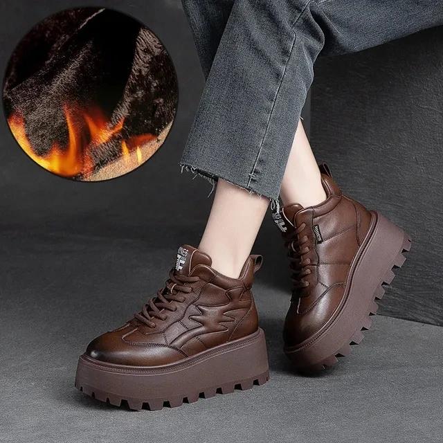 Lofers for Women 7cm Retro Genuine Leather Ankle Boots British Autumn Winter Plush Moccasins Rubber Soled Flats Shoes