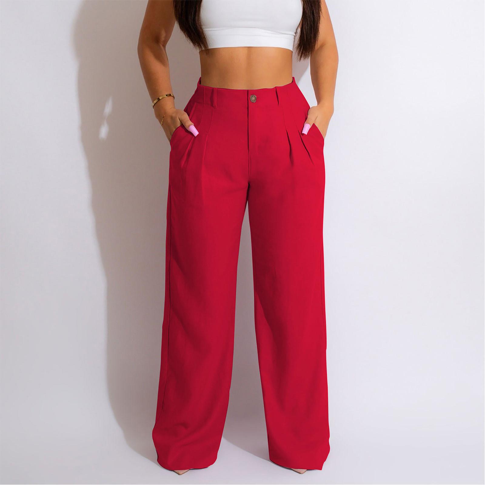 

Женские однотонные широкие брюки, длинные брюки, повседневные брюки, плиссированные брюки с высокой талией, свободная талия, повседневные брюки на молнии с пуговицами XL красный