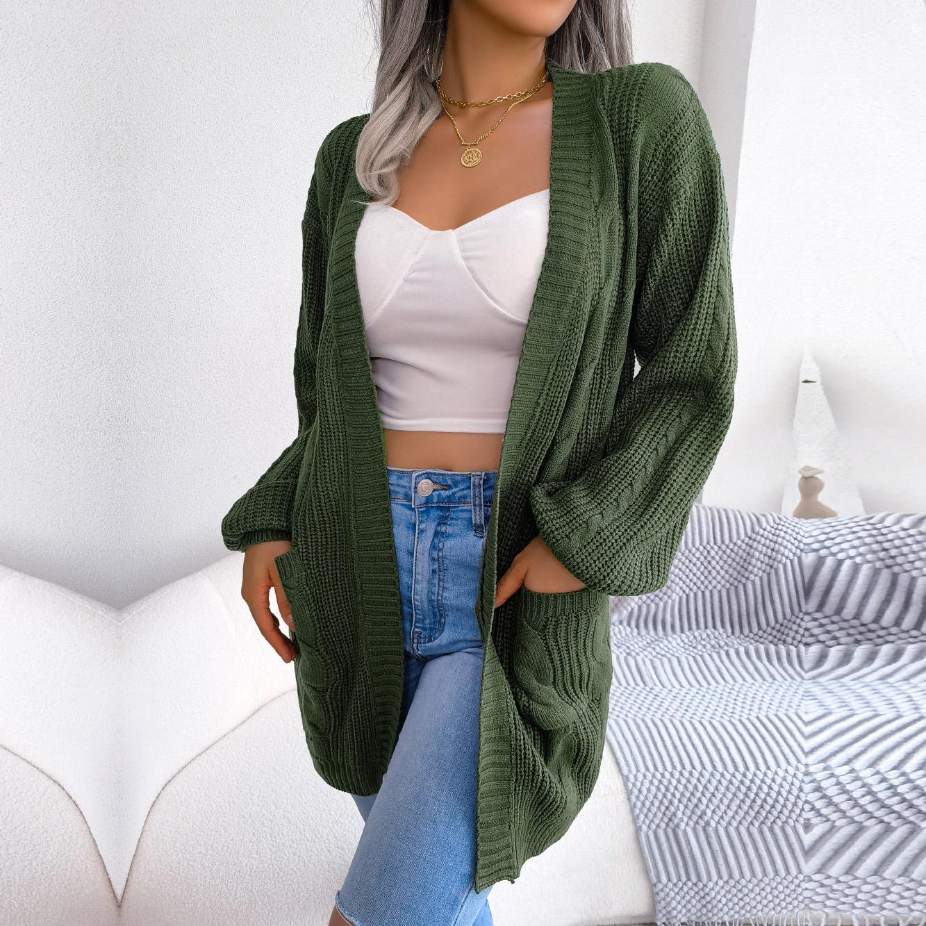 

Женский осенне-зимний свитер с карманом и карманом-кардиганом с жареным тестом и рукавами-фонариками S зелёный