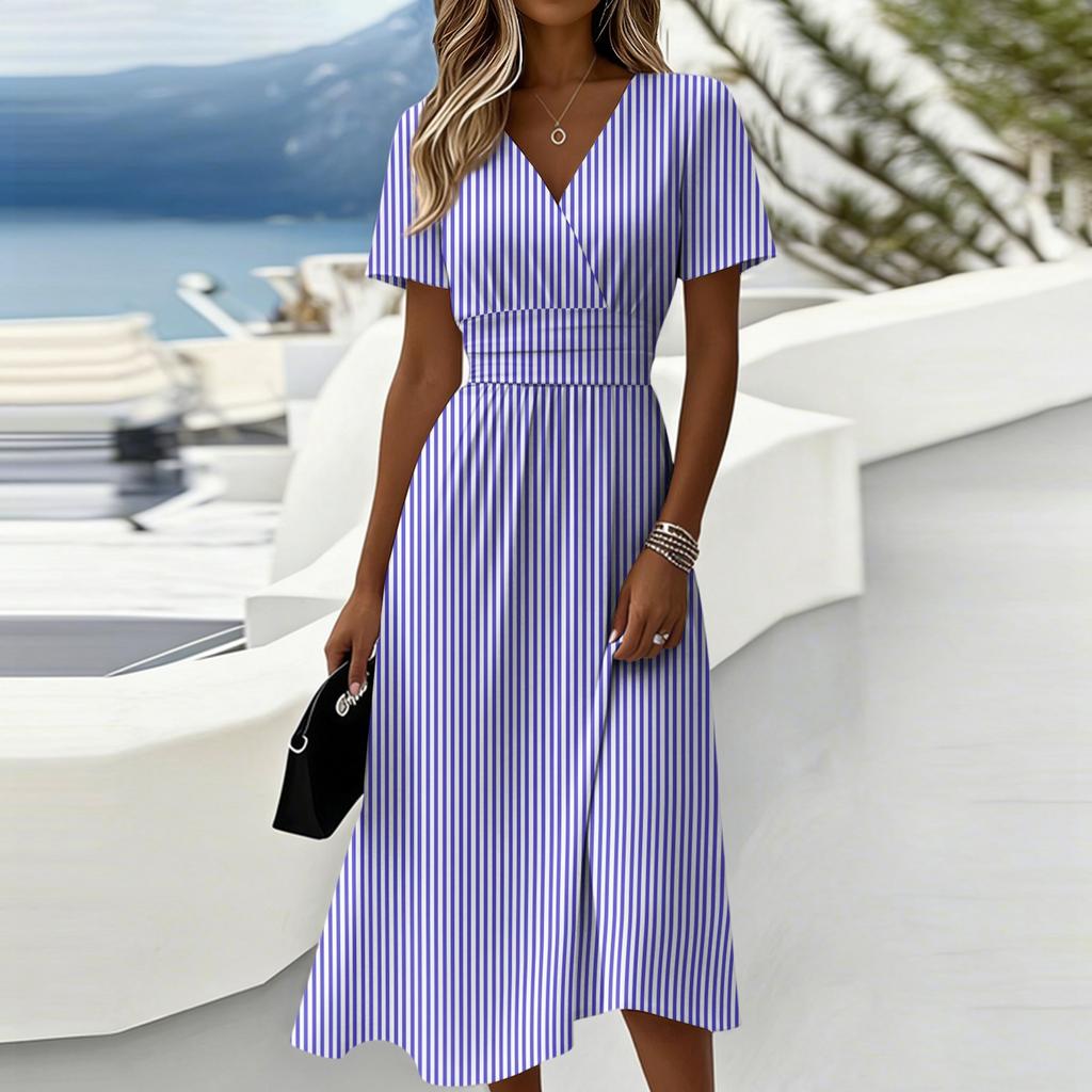 Damen-Gestreiftes Print-Kleid mit V-Ausschnitt und kurzen Ärmeln - Lässige Sommer-Modekleider für Damen