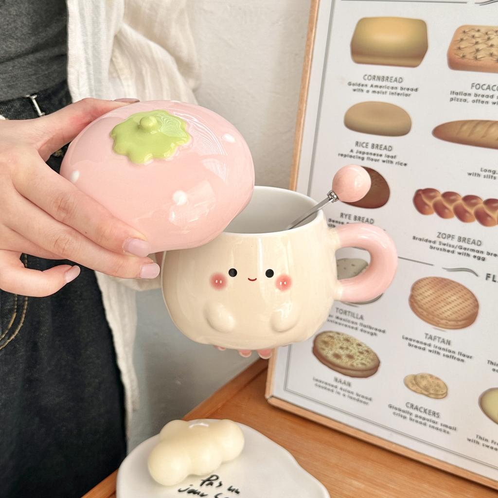 Creative Strawberry Mug Cartoon Cute Ceramic Cup High Value Ceramic Water Cup With Lid With Hand Gift