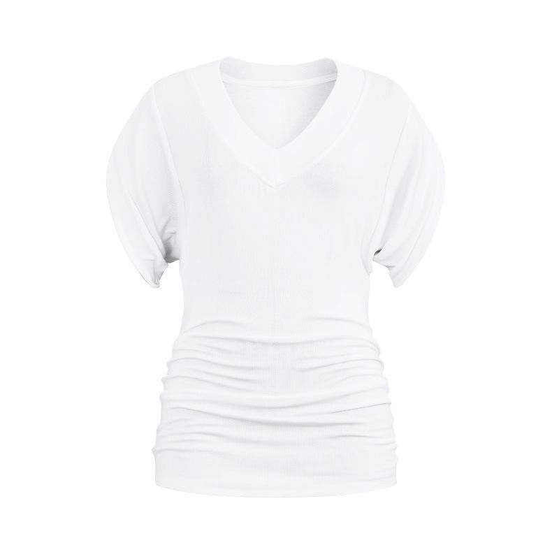 Lazy wind loose V-neck short-sleeved T-shirt women's large size bottoming shirt bat-sleeved blouse waist versatile solid color top