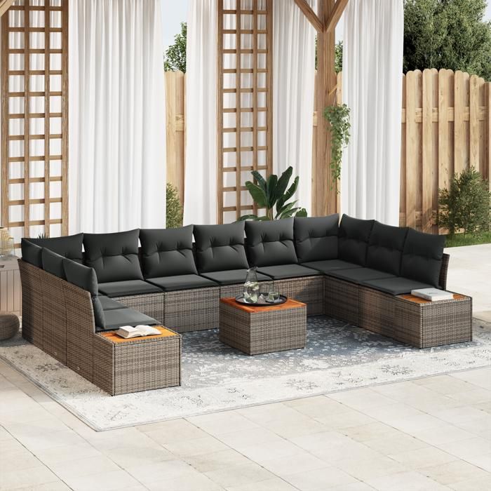 VidaXL Ensemble de canapé de jardin avec coussin 11 pcs Gris polyrotin, Sofa salon d'extérieur, modulable, finition en rotin 3348180