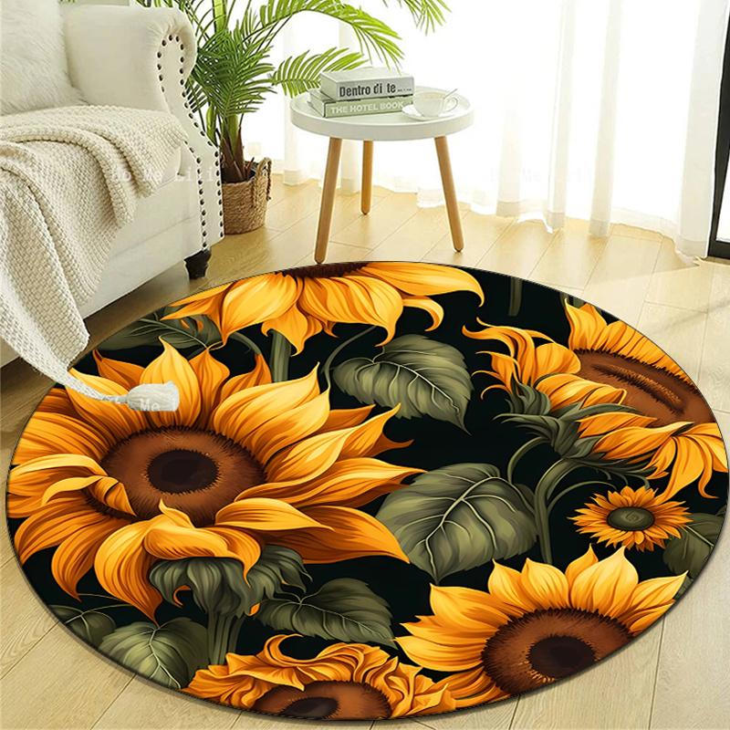 Crystal Velvet Sunflower Printed Round Area Rug Chair Round Carpet for Bedroom Living Room Home Decor Rugs Non-Slip Mat Rug for Bedside