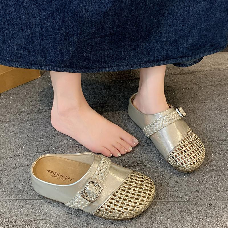 Woven hollow bag head half slippers women's summer outer wear 2025 new thick bottom inner height increase lazy one foot cool slippers