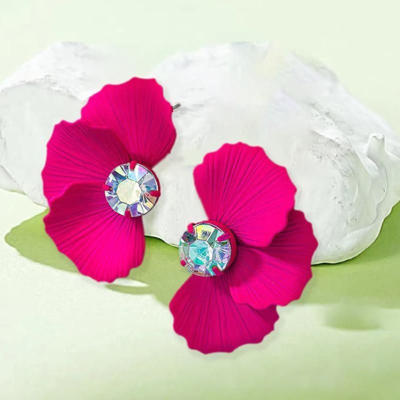 Neue Sommer Ohrringe aus Metall mit eingelegten Strassblumen, Fächer-Trend, Metall-Blütenstecker