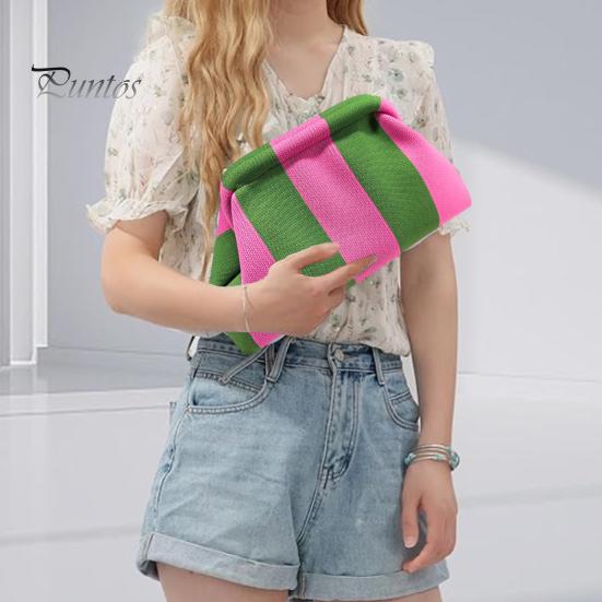 Summer Beach Clutch Women Handbag Colorblock Knitted Large Capacity Mouth Cosmetic Cellphone Color-blocked Keys Stoarge Pouch Lady Purse Compact