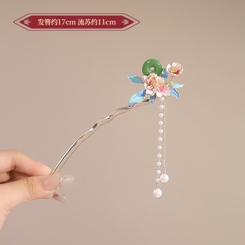Wsuwka do włosów w kształcie litery U z frędzlem w stylu vintage dla kobiet Elegancki metalowy emaliowany patyczek do włosów Element kwiatowy wsuwka do włosów Akcesoria do włosów Hanfu