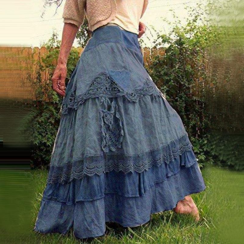 Women's Lace Stitching High Waist Vintage Big Swing Bohemian Long Skirt