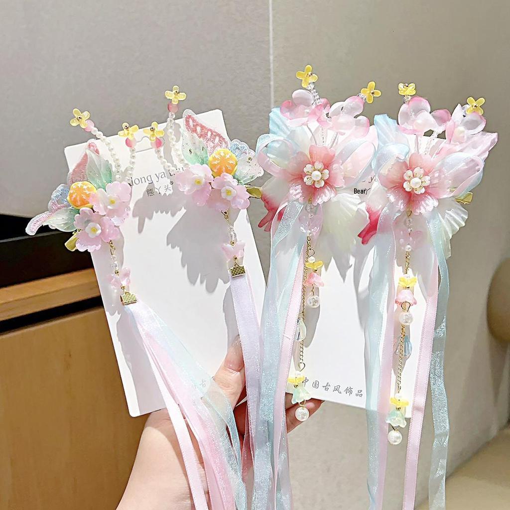 Ancient Style Hanfu Princess Butterfly Hair Clips with Long Ribbons - Children's Chinese Fairy Hair Accessories (Pair)