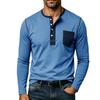 Mens Contrast Color Pocket Long Sleeve Crew Neck Henley Casual T Shirt